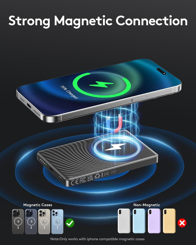 Ntaanoo Tragbares Ladegerät, 10000 mAh, Magnetische Power Bank für Magsafe Powerbank 10000mAh,Grau,