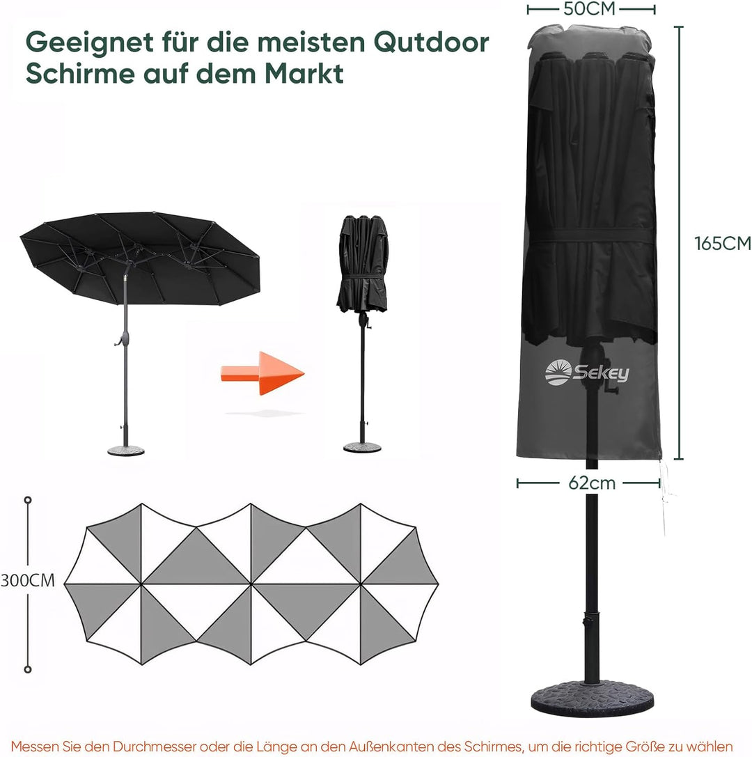 Sekey Doppelsonnenschirm Schutzhülle | Abdeckhauben für Sonnenschirm | 165×50/62 cm – Extrabreite Ab