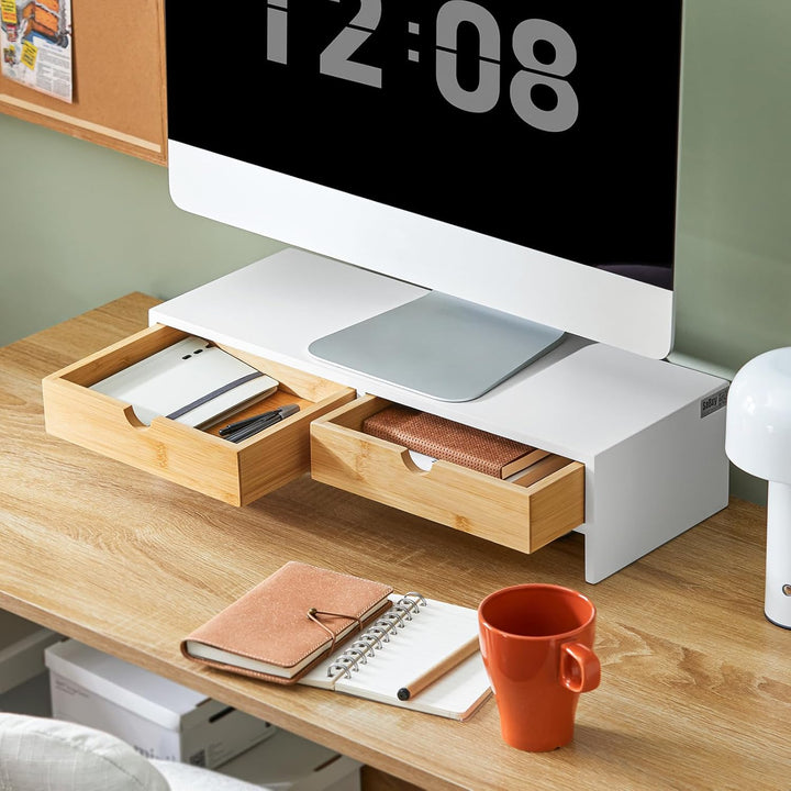 SoBuy Schreibtisch Organizer, Monitorständer mit 2 Schubladen, Monitorerhöhung für Schreibtisch, Mon