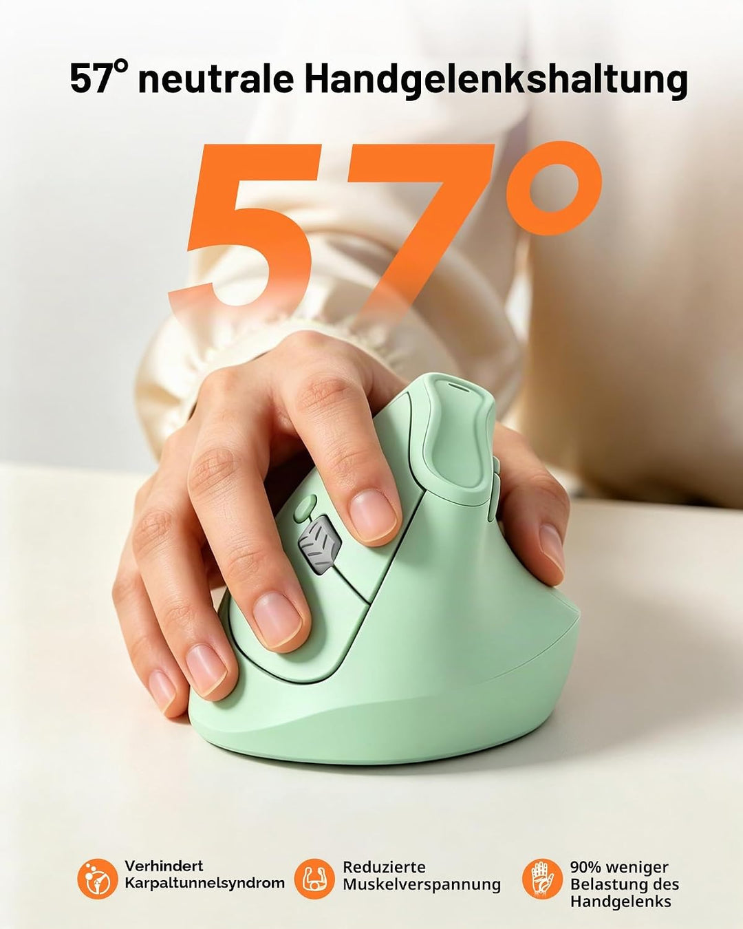 KYSONA Vertikale Ergonomische Maus 57°, Kabellos Bluetooth &amp; 2,4 GHz, 5 DPI-Stufen, Leise Klicks, Ha