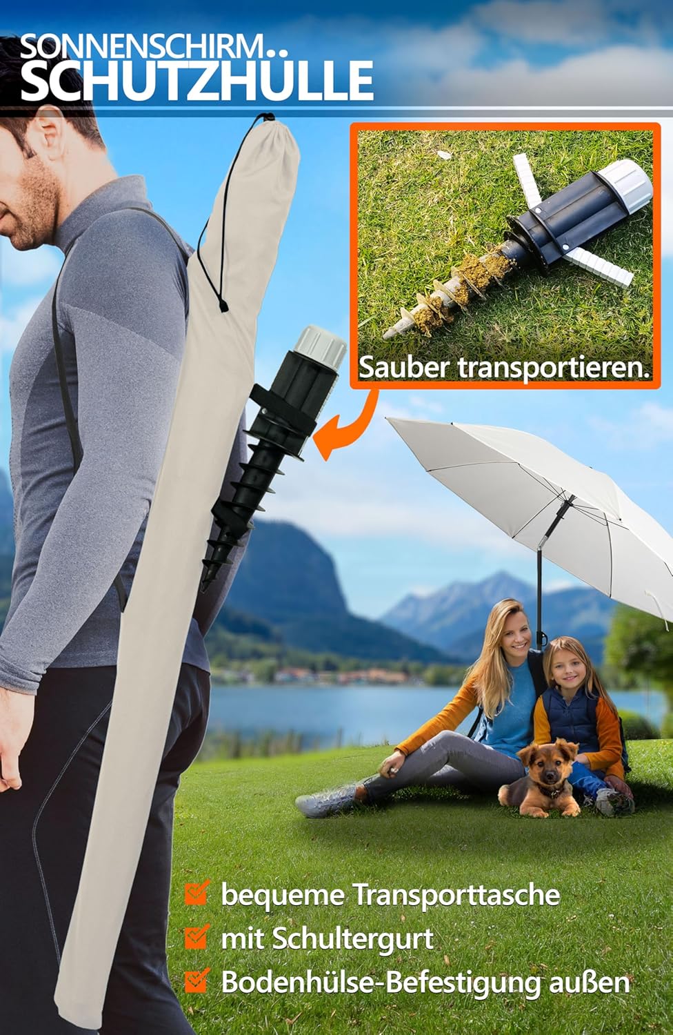 4smile Sonnenschirm Strand SunnyJoy, 3-in-1 SET, Beige - UPF 50+ Strandschirm Ø 180 cm + Sonnenschir