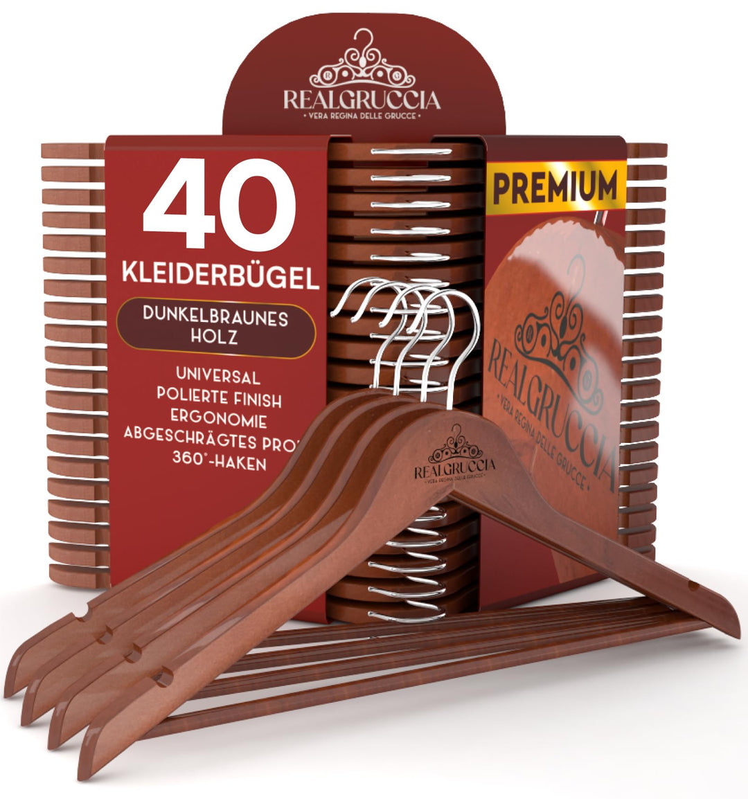 40 Kleiderbügel aus Holz Kleiderbügel mit Anti-Rutsch-Einkerbungen Holzbügel RealGruccia Farbe Dunke
