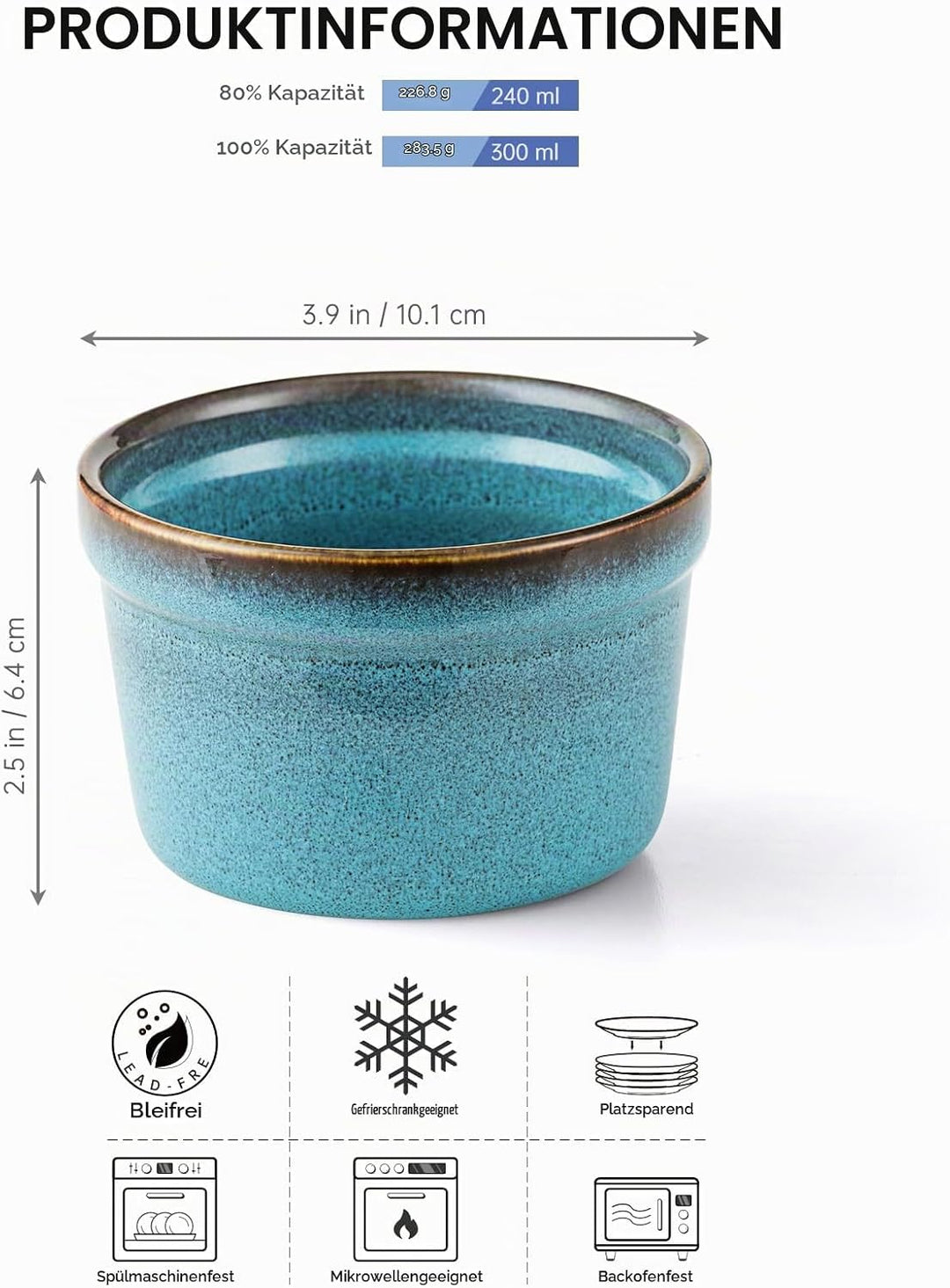 HENXFEN LEAD 4 Stück Soufflé Förmchen, 240mL Creme Brulee Schälchen Kleine Auflaufformen, Mini Aufla