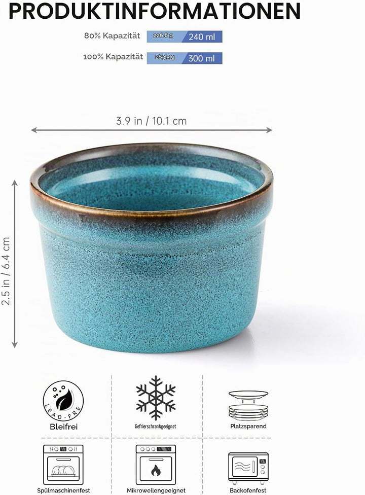 HENXFEN LEAD 4 Stück Soufflé Förmchen, 240mL Creme Brulee Schälchen Kleine Auflaufformen, Mini Aufla