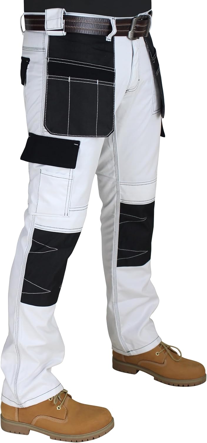 HASHOOB Herren Arbeitshose Maler Dekorateure Weisse Cargohose Pants Weiss-2 38W / 30L, Wei&#xDF;-2 3