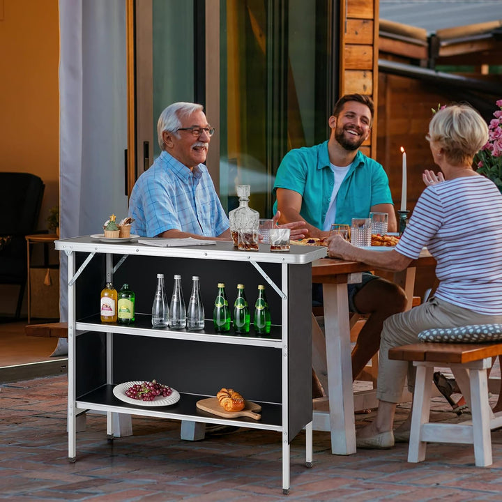 KOMFOTTEU Campingküche mit 3 Ebenen Stauraum, Campingschrank Klappbar mit Tragetasche, Picknicktisch