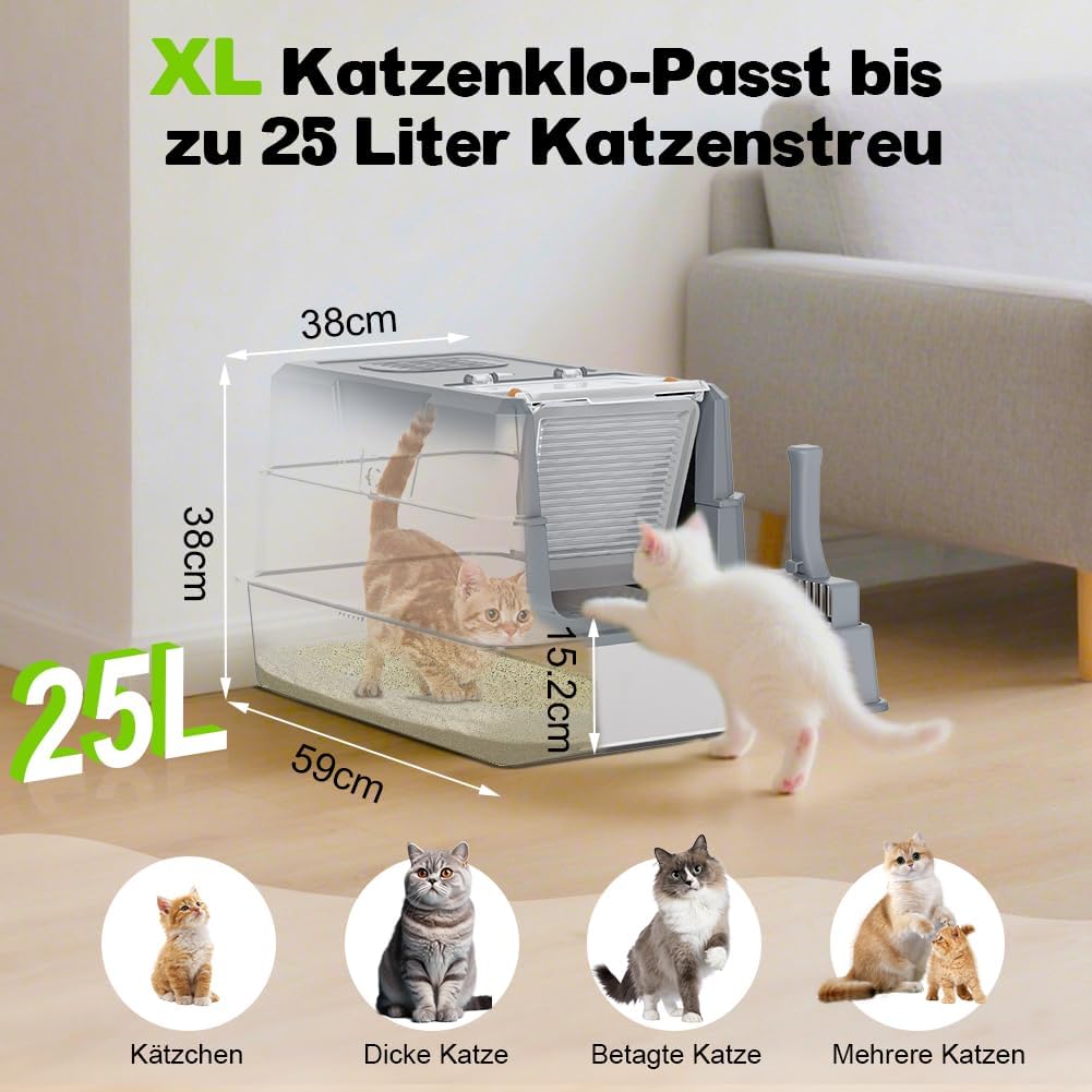 SZEE XL Edelsthal Katzenklo mit 180° Klappdeckel, Grosse Geschlossene Katzentoilette Edelstahl mit D