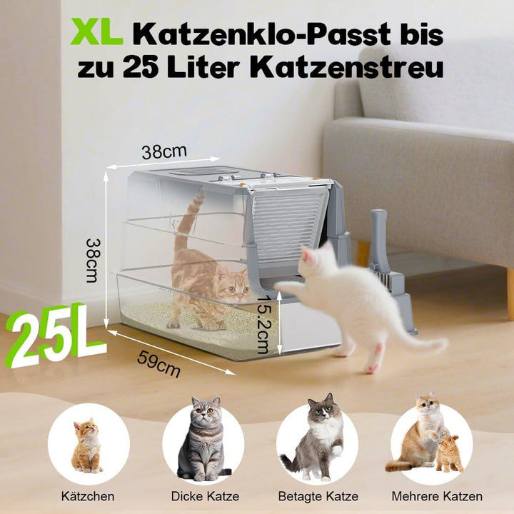 SZEE XL Edelsthal Katzenklo mit 180° Klappdeckel, Grosse Geschlossene Katzentoilette Edelstahl mit D