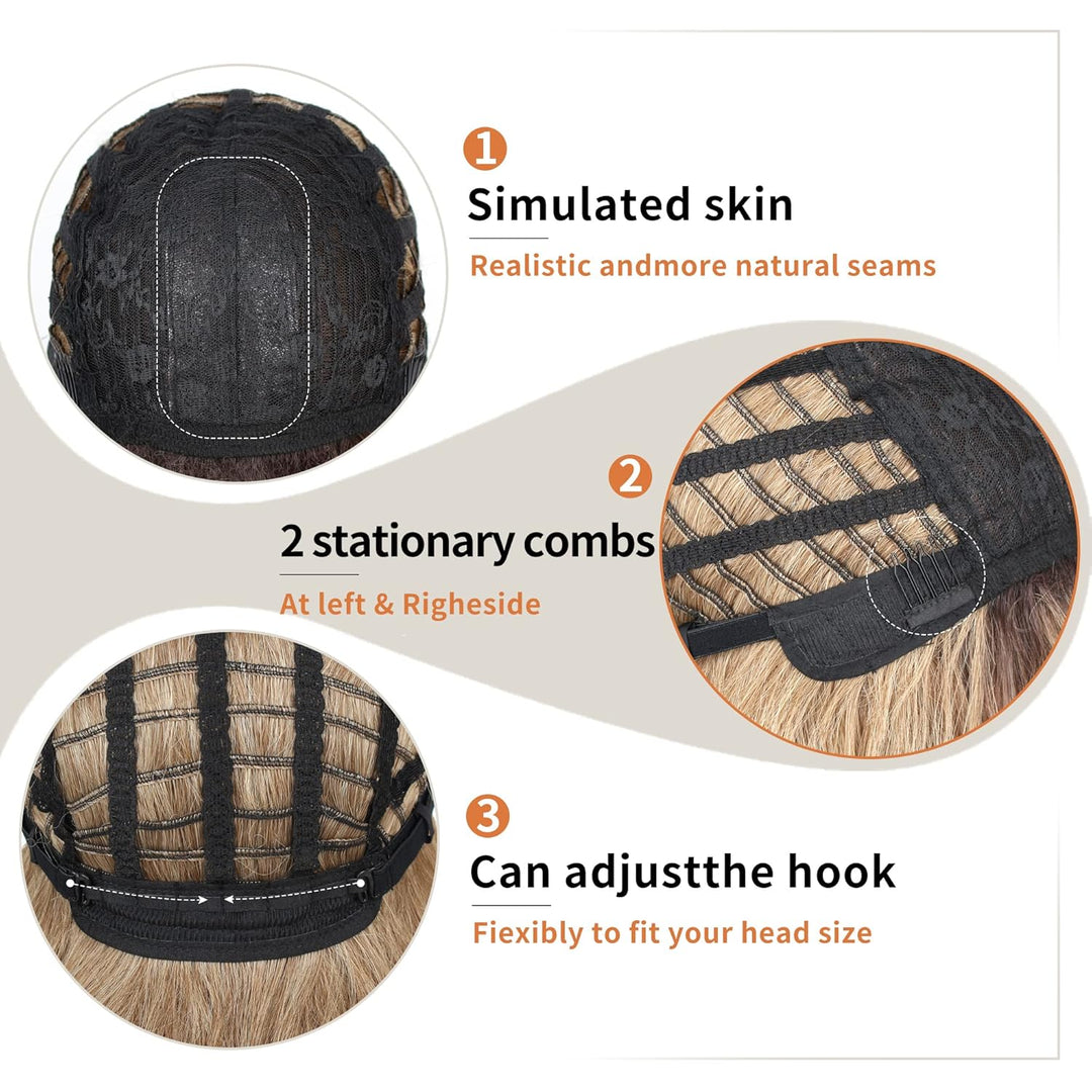 FAELBATY Perücke mit langen Locken blonde Perücke mit Pony Ombre dunkelbraun bis blonde Perücke für