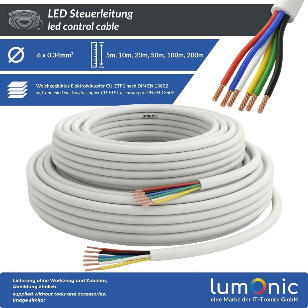 Lumonic 6x 0,34mm² LED Steuerleitung weiss 20m I ummanteltes 6 adriges Kabel flexibel I Geschirmtes