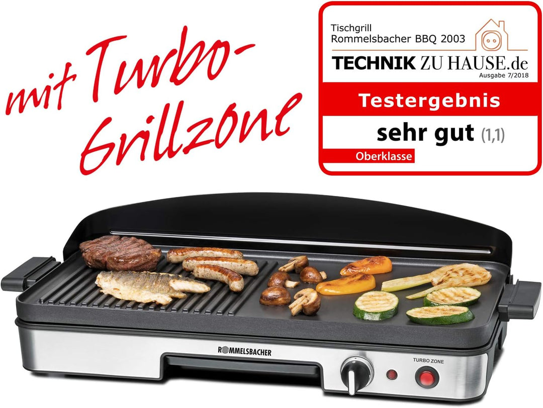 ROMMELSBACHER Tischgrill BBQ 2003 - Turbo-Grillzone, 3-Lagen-Antihaftbeschichtung, Grillfläche 50 x