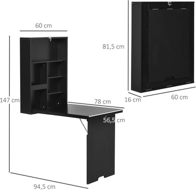 HOMCOM Wandtisch Wandklapptisch Klappschreibtisch mit Tafel Klappbarer Computertisch für Büro Schwar