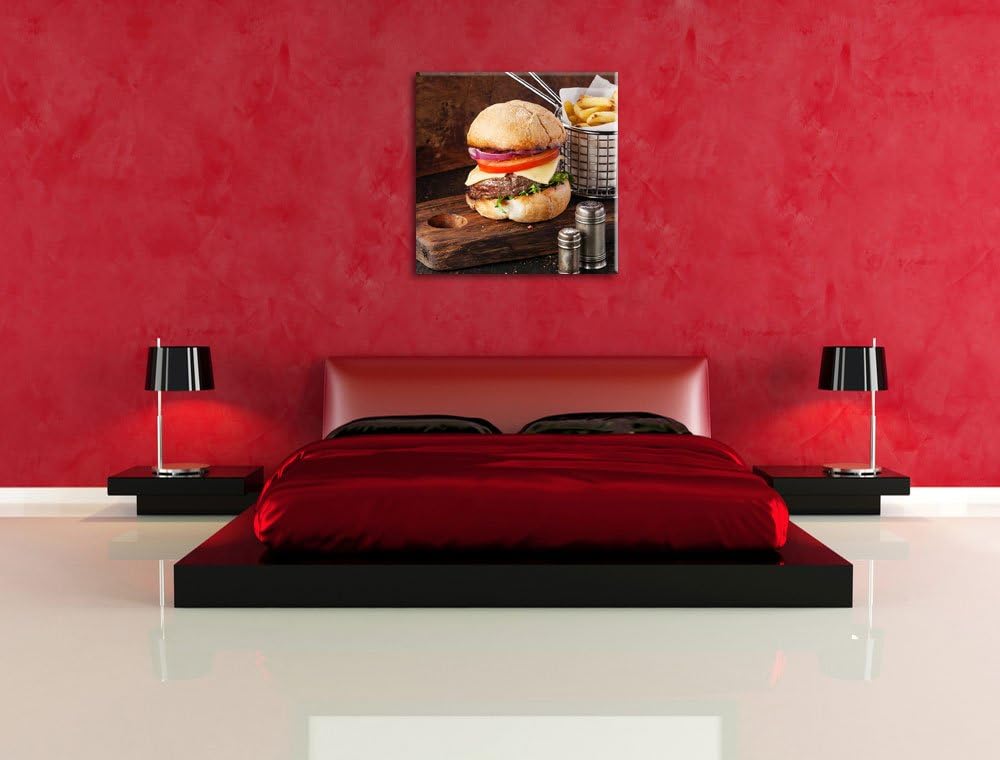 Cheesburger mit Pommes, Format: 70x70 auf Leinwand, XXL riesige Bilder fertig gerahmt mit Keilrahmen