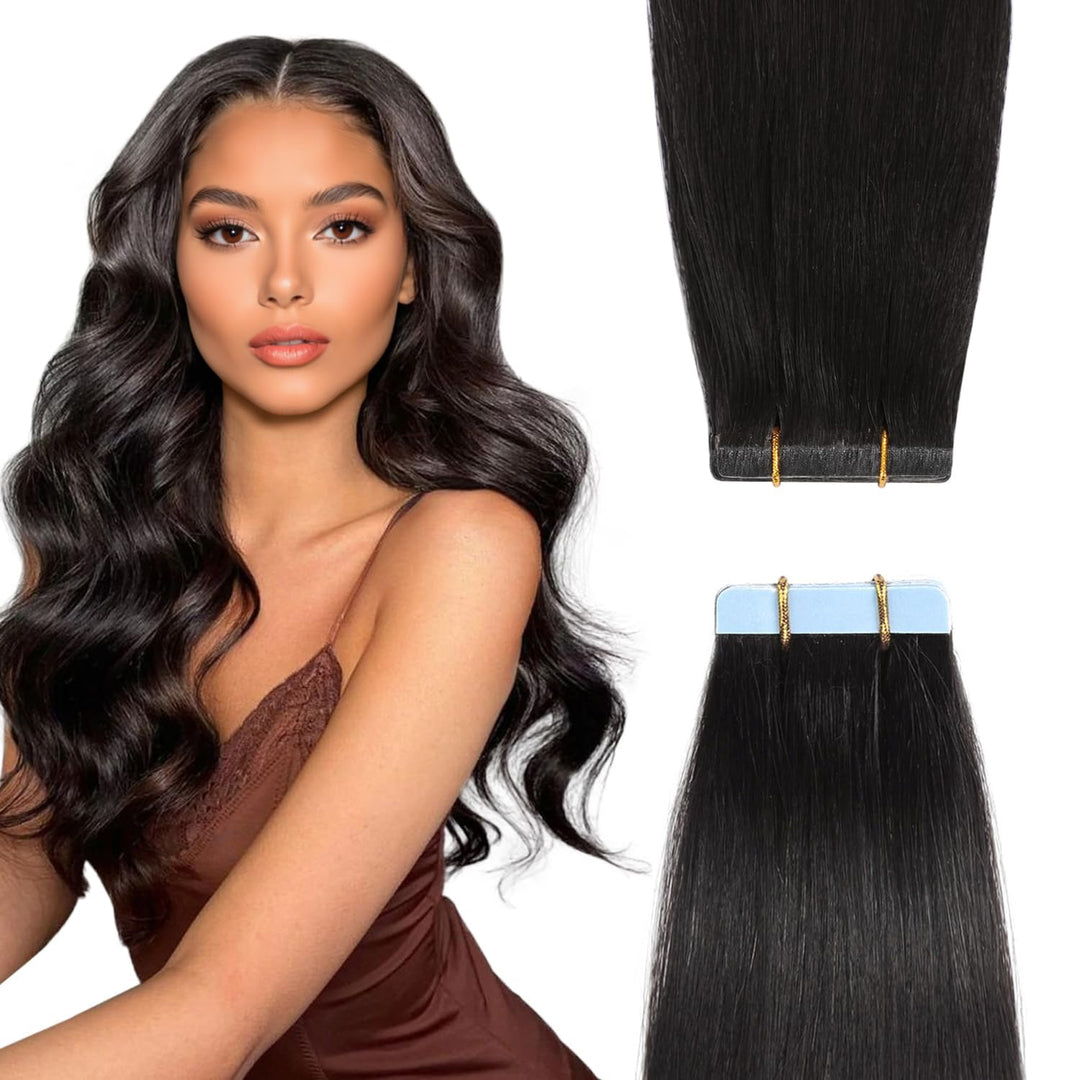 YILITE Invisible Tape Extensions Echthaar,Natürliches Schwarz 30cm 20 Stück 40g Gerade Remy Echte Me