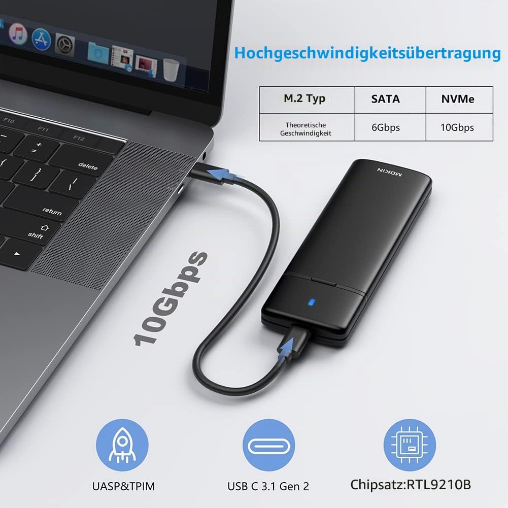 MOKiN M.2 NVMe SATA SSD Enclosure Adapter Tool-Free,USB 3.2 Gen2 10Gbps External to USB PCI-E 6Gbps