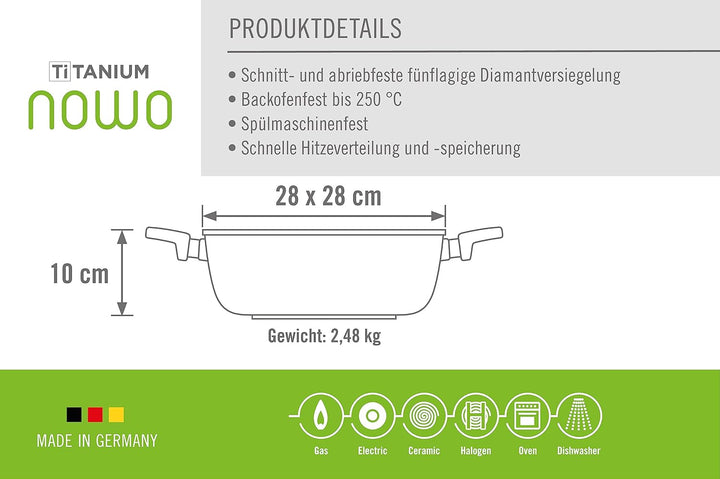 Woll Nowo Titanium Kasserolle viereckig mit Deckel, 28 x 28 cm, 10 cm hoch, 6.0 Liter, mit 2 Seiteng