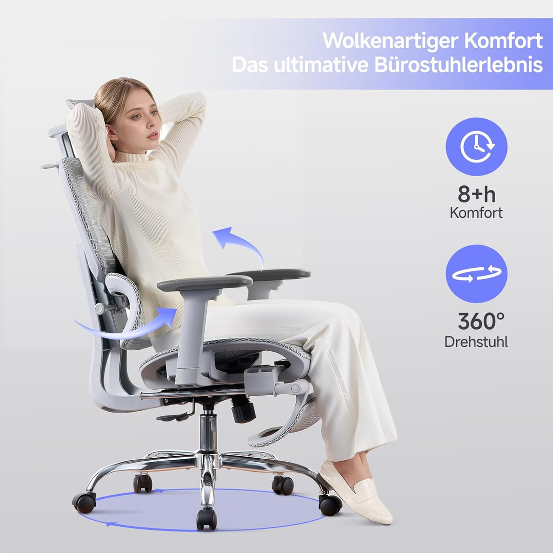 Ergonomischer Bürostuhl mit Fussstuhl & 3D Armlehnen - Gaming Stuhl mit 5-Fach Höhenverstellung, 2D