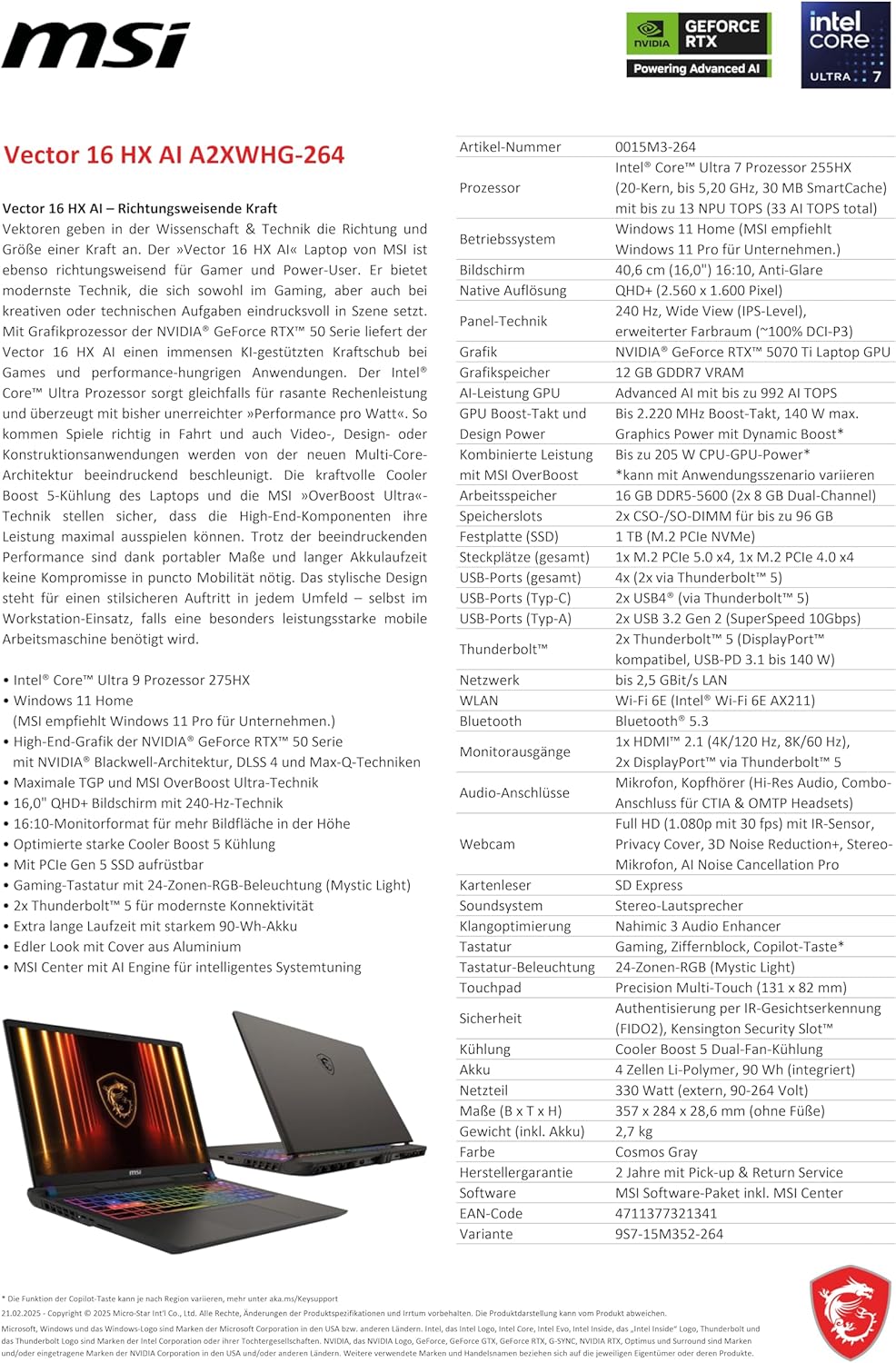 MSI Vector 16 HX AI Gaming-Laptop, 16" QHD+ 240 Hz Display, Intel® Core™ Ultra 7 255HX, NVIDIA GeFor