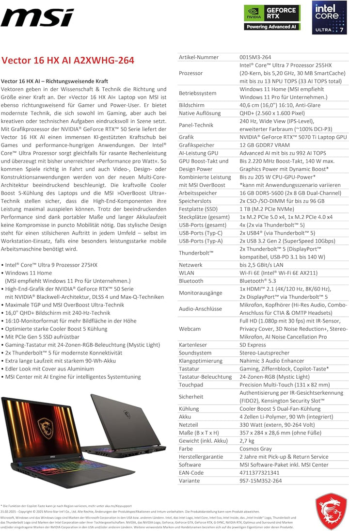 MSI Vector 16 HX AI Gaming-Laptop, 16" QHD+ 240 Hz Display, Intel® Core™ Ultra 7 255HX, NVIDIA GeFor