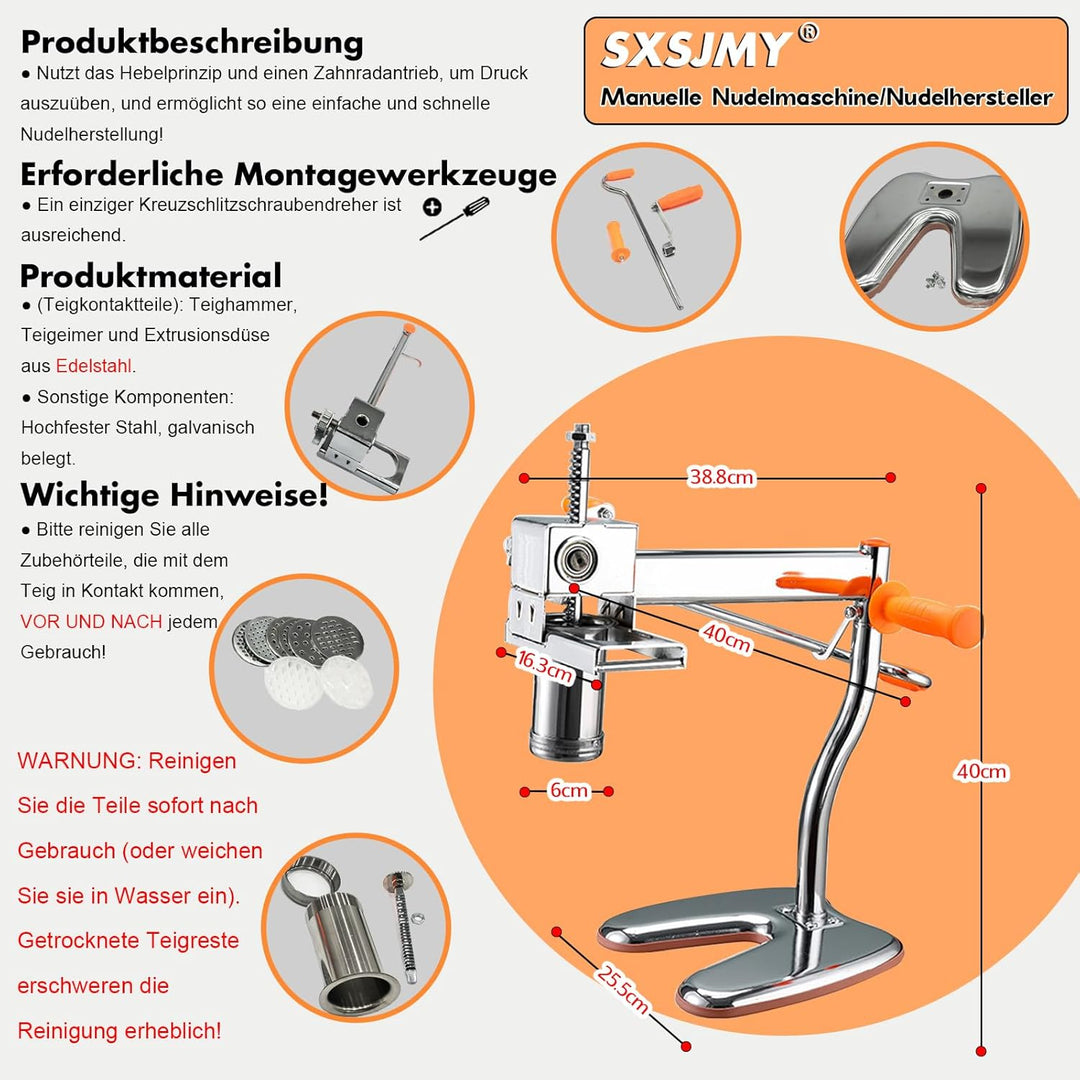 Nudelmaschine mit 8 Stahl-Formen | Ideal für Maccheroni, Fettuccine & Tagliolini | 30-Sekunden Schne