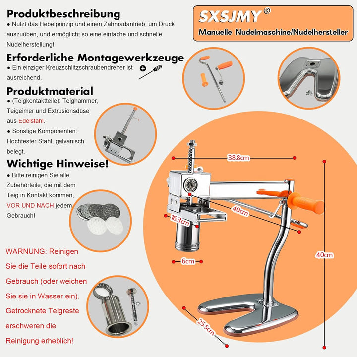 Nudelmaschine mit 8 Stahl-Formen | Ideal für Maccheroni, Fettuccine & Tagliolini | 30-Sekunden Schne