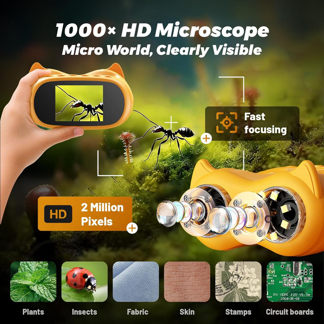 2 In 1 Fernglas und Mikroskop für Kinder, 2.0" IPS Bildschirm, 1000X Tragbares Kindermikroskop mit F