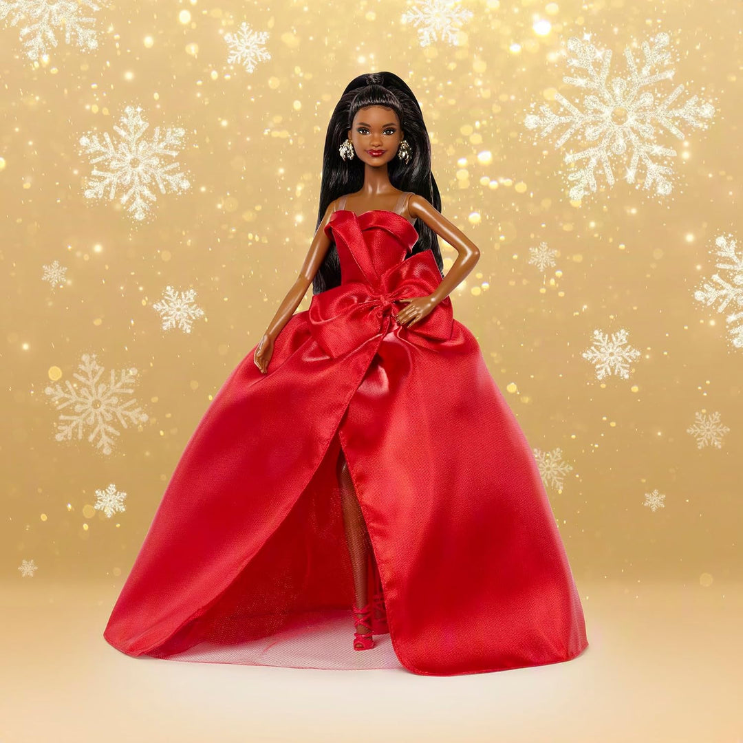 Barbie Signature-Puppe, Holiday 2026, schwarzhaarige Modepuppe | mit Schleifenkleid in Rot, saisonal