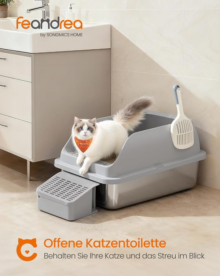 Feandrea Katzenklo Edelstahl, Katzentoilette, offenes Design, mit hohen Seitenwänden, Trittstufe, Sc