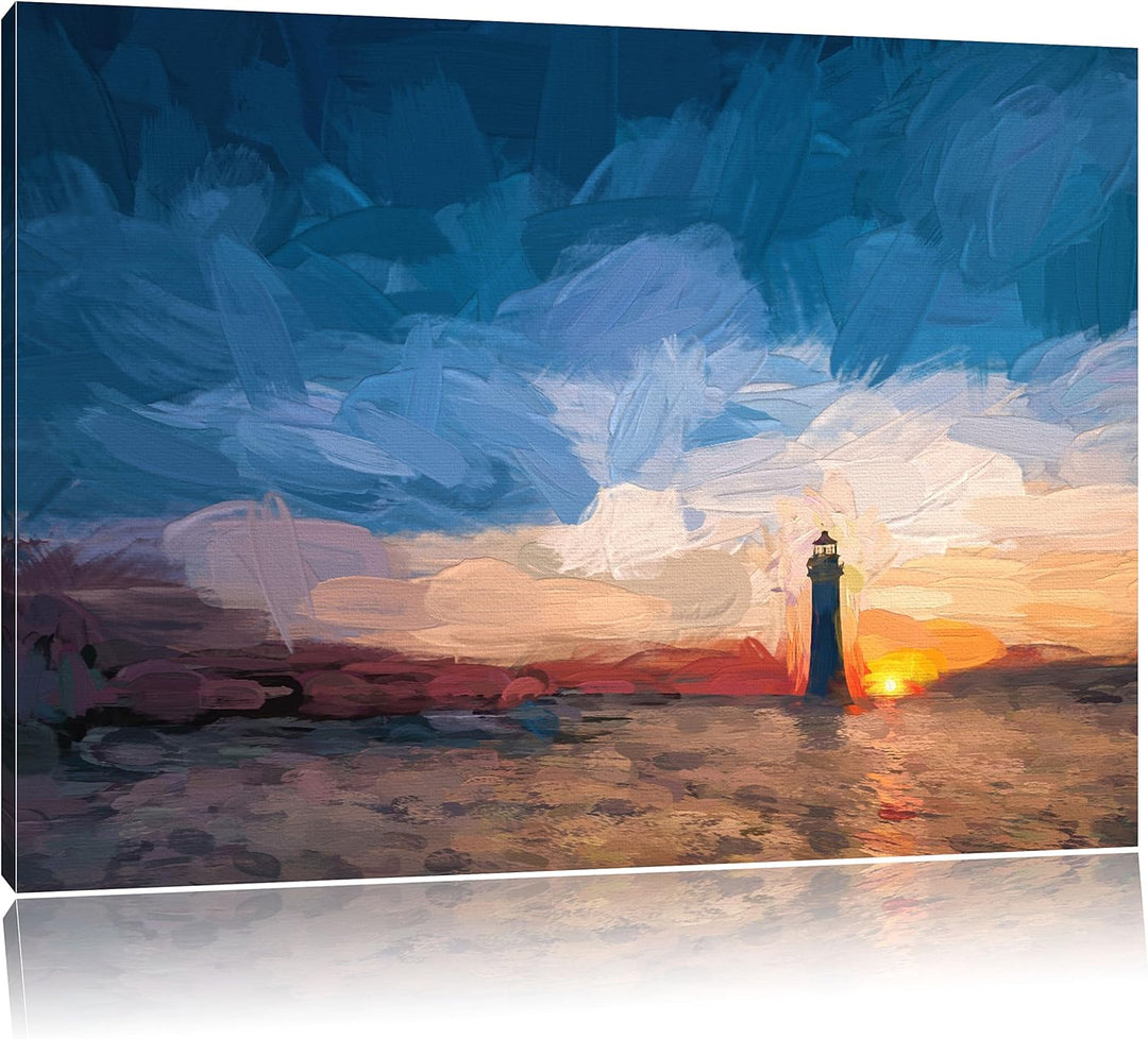 Pixxprint Leuchtturm im Sonnenuntergang als Leinwandbild/Grösse: 100x70 cm/Wandbild/Kunstdruck/ferti