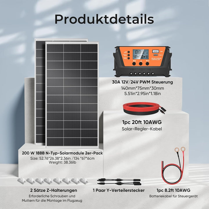 18BB 2 * 200Watt Solarpanel, N-Type 12V 400 W Solarmodul, Hocheffiziente Monokristalline PV Module,