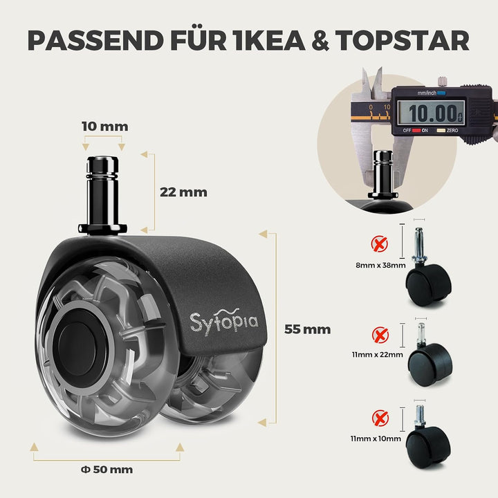 Sytopia Bürostuhl Rollen 10mm x 22 mm, Nur kompatibel mit 1KEA Stuhl (Nicht für 11mm stuhlrollen), 5