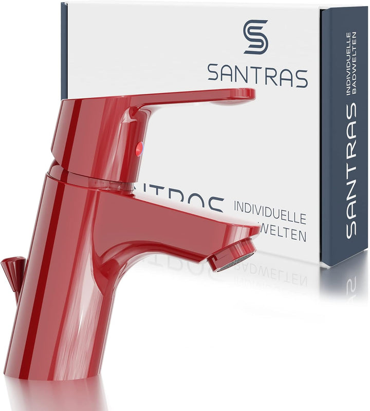 SANTRAS® Waschtischarmatur für das Bad mit Zugstange in Rot – Einhebel-Mischarmatur warm kalt für ei