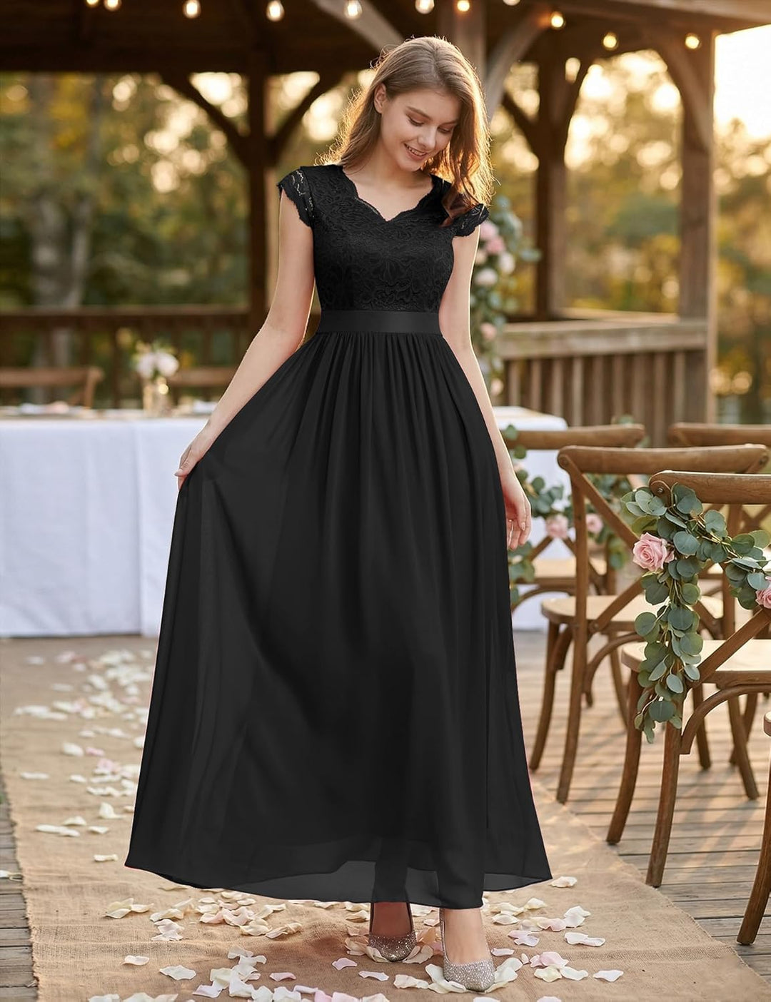 Dressystar Damen Abendkleid Lang Elegant für Hochzeit Spitze Chiffon Maxi Ballkleider Flügelärmel Co
