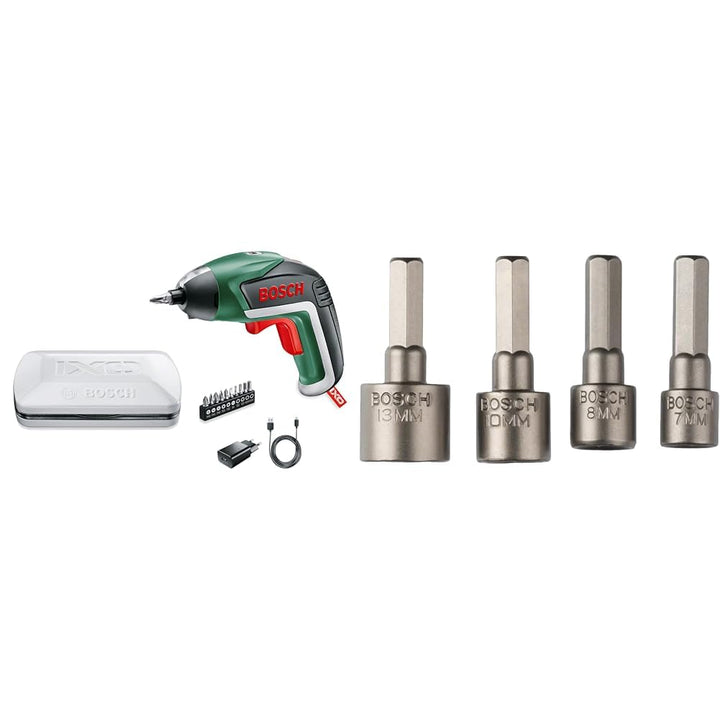 Bosch Akkuschrauber IXO (5. Generation, in Aufbewahrungsbox), Klassisch grün + Bosch Steckschlüssel