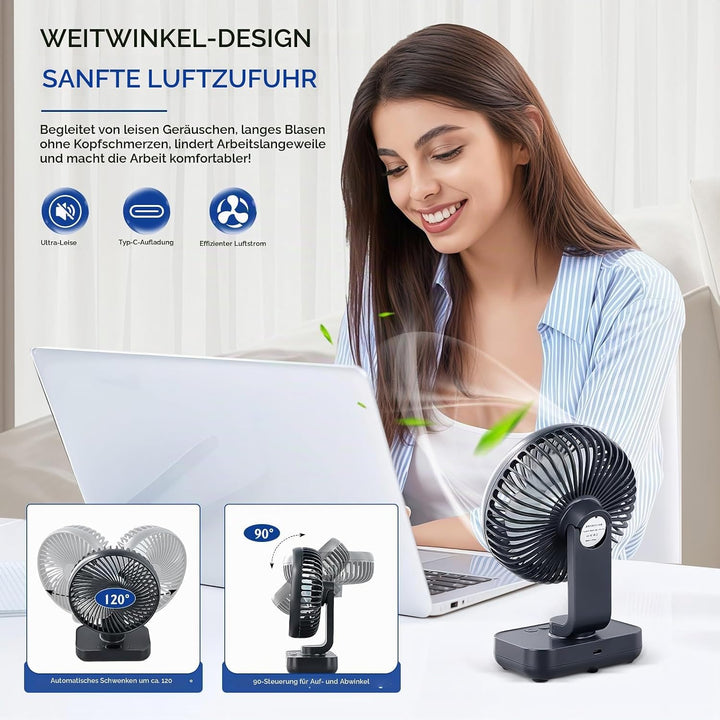 Mini Tischventilator Leiser, 120°Oszillation, 4 Geschwindigkeiten, USB Ventilator mit Akku 4000mAh,