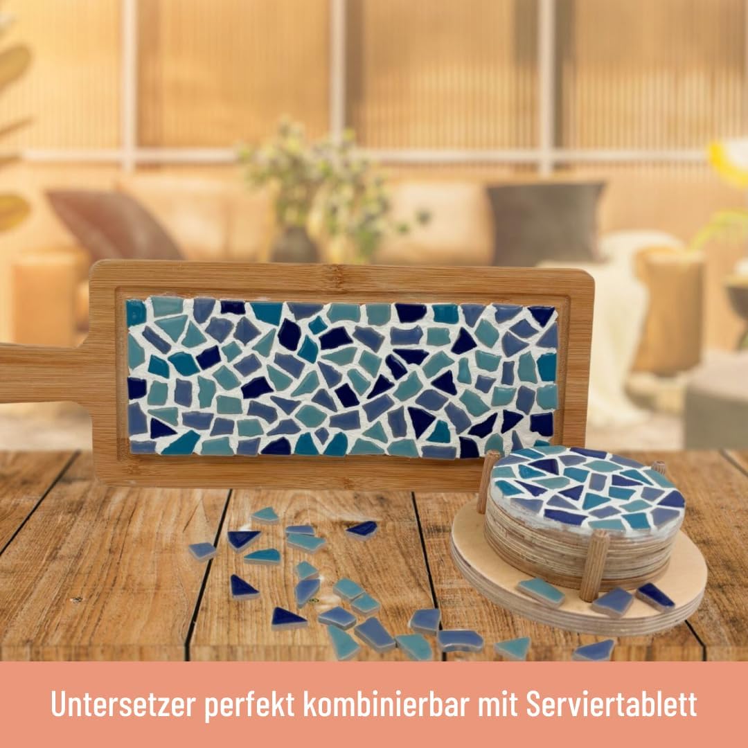 Little Creations - DIY Mosaik Bastelset Erwachsene Blau | 1x Servierplatte & 4x Untersetzter | Kompl