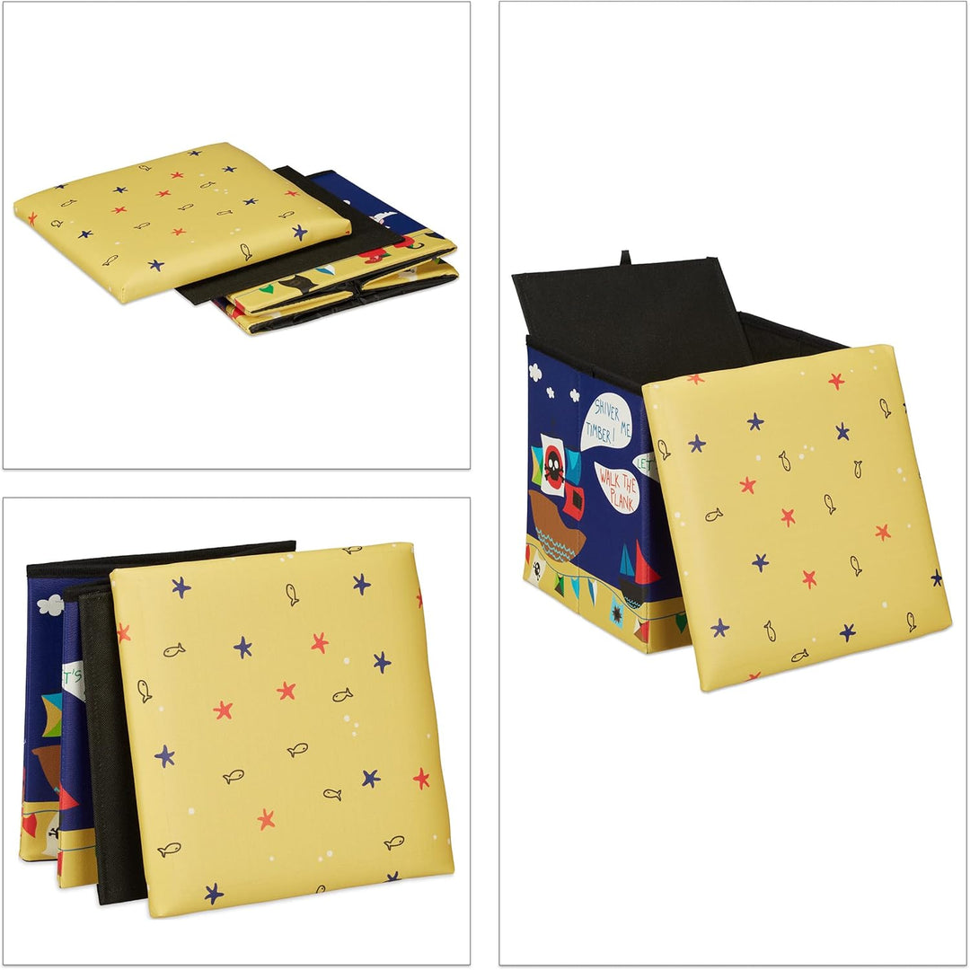 Relaxdays Sitzhocker Kinder, Piraten-Design, Sitzbox faltbar, mit Stauraum, Sitzwürfel, HxBxT 31 x 3