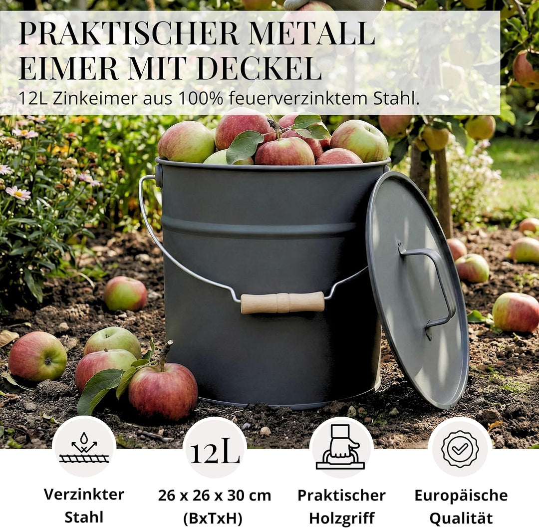 LIVLIG Premium Ascheeimer mit Deckel 12L Anthrazit, verzinkter Eimer mit Deckel für Moderne Kamine,