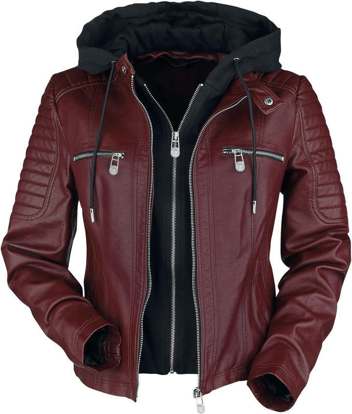 Black Premium by EMP Damen rote Kunstlederjacke mit Kapuze S dunkelrot, S dunkelrot