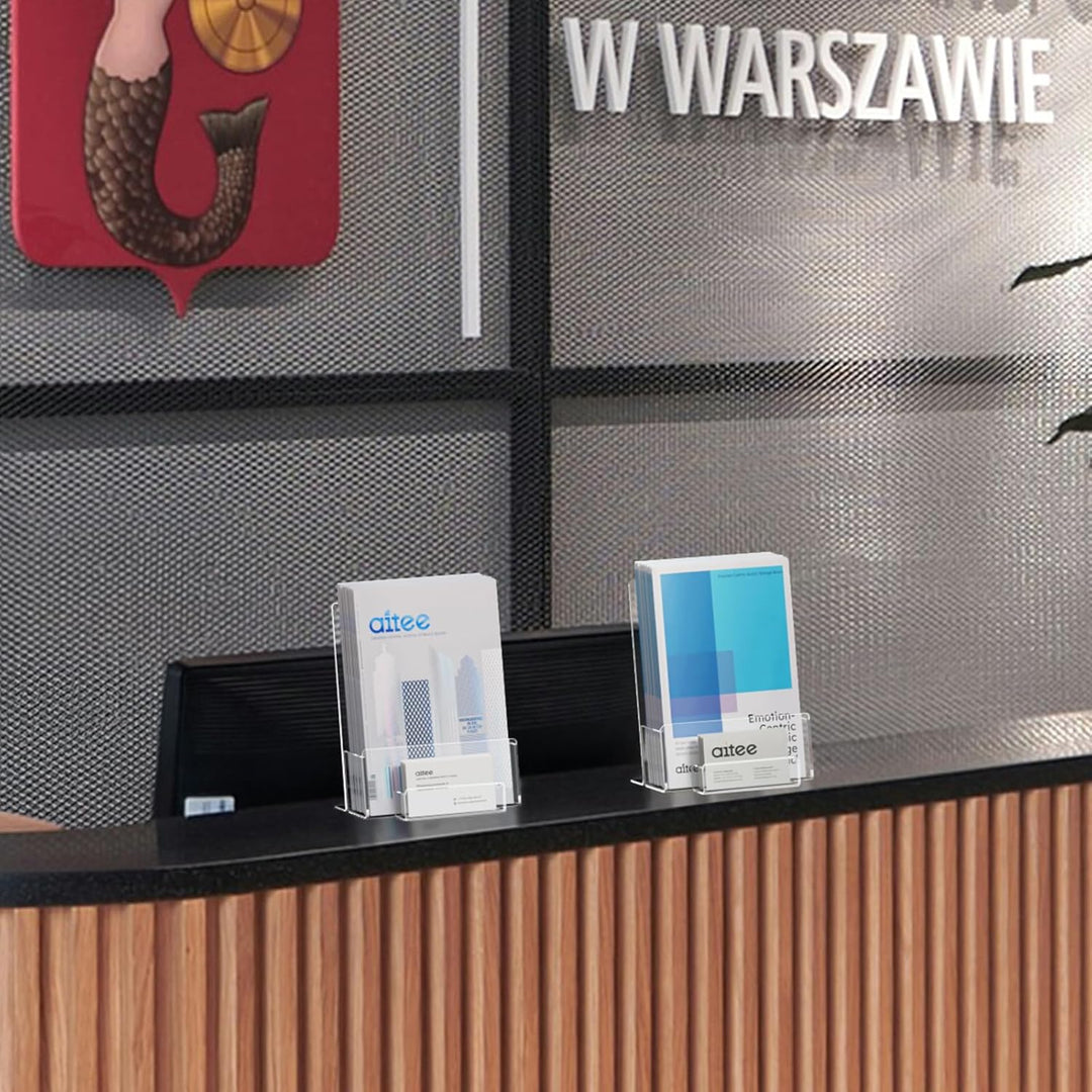 AITEE DIN A5 Tisch-Prospektständer: 2 Stück Acryl Transparenter Flyerständer mit Visitenkartenhalter