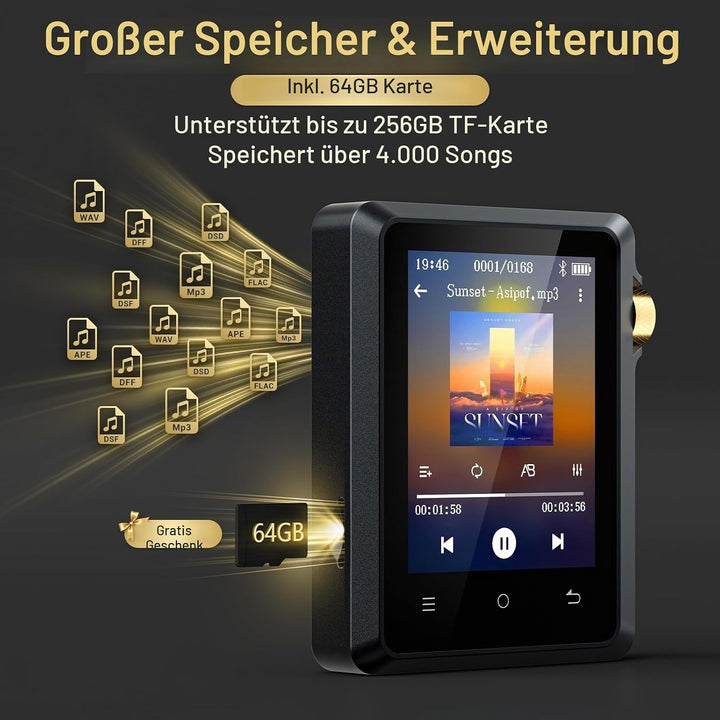 64GB Hi Res MP3 Player mit Bluetooth 5.3, DSD DAC Hi-Res FLAC Player Verlustfreier Musikplayer, Trag