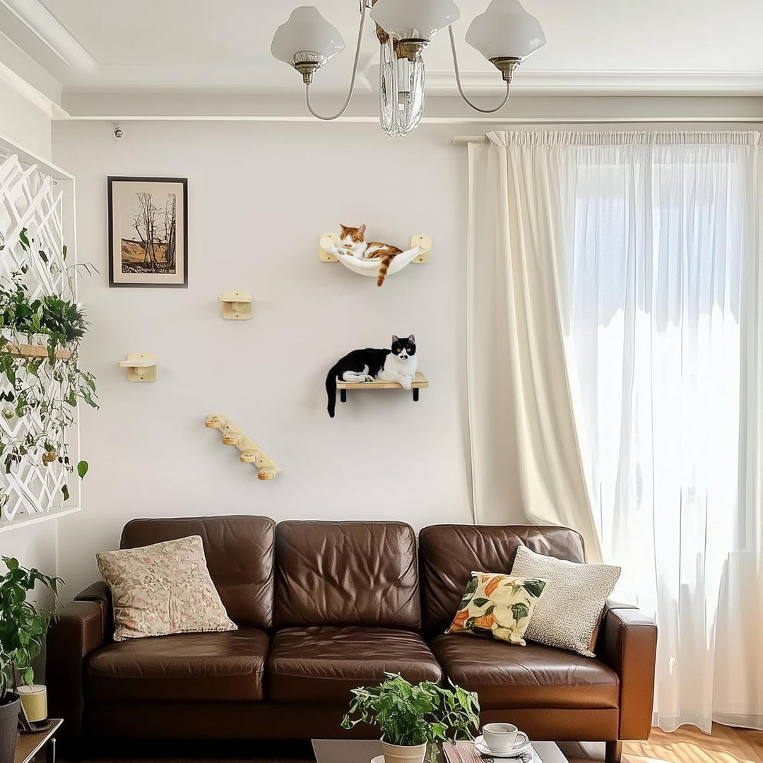 FUKUMARU Kletterwand Katzen, Katzenmöbel mit 2 Katzentreppe Wand,Katzenbaum Hängematte aus Birke meh