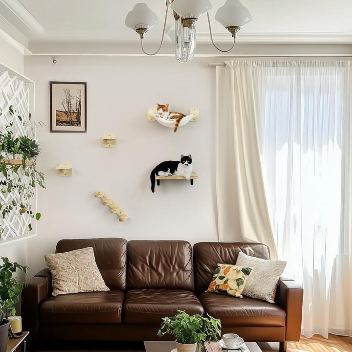 FUKUMARU Kletterwand Katzen, Katzenmöbel mit 2 Katzentreppe Wand,Katzenbaum Hängematte aus Birke meh
