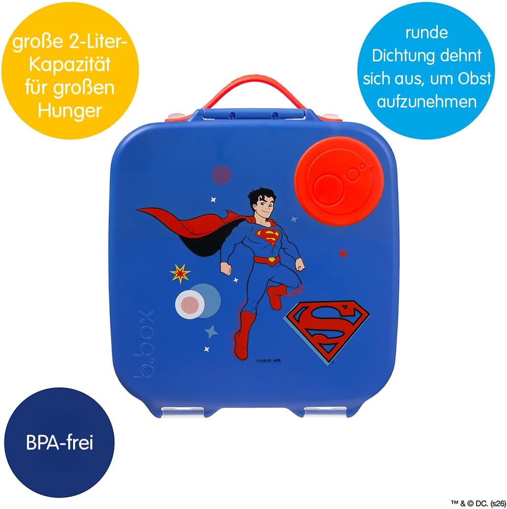 b.box Superman Brotdose | Grosse Bento-Box mit 4 Fächern (2 auslaufsicher), herausnehmbarer Trenner,