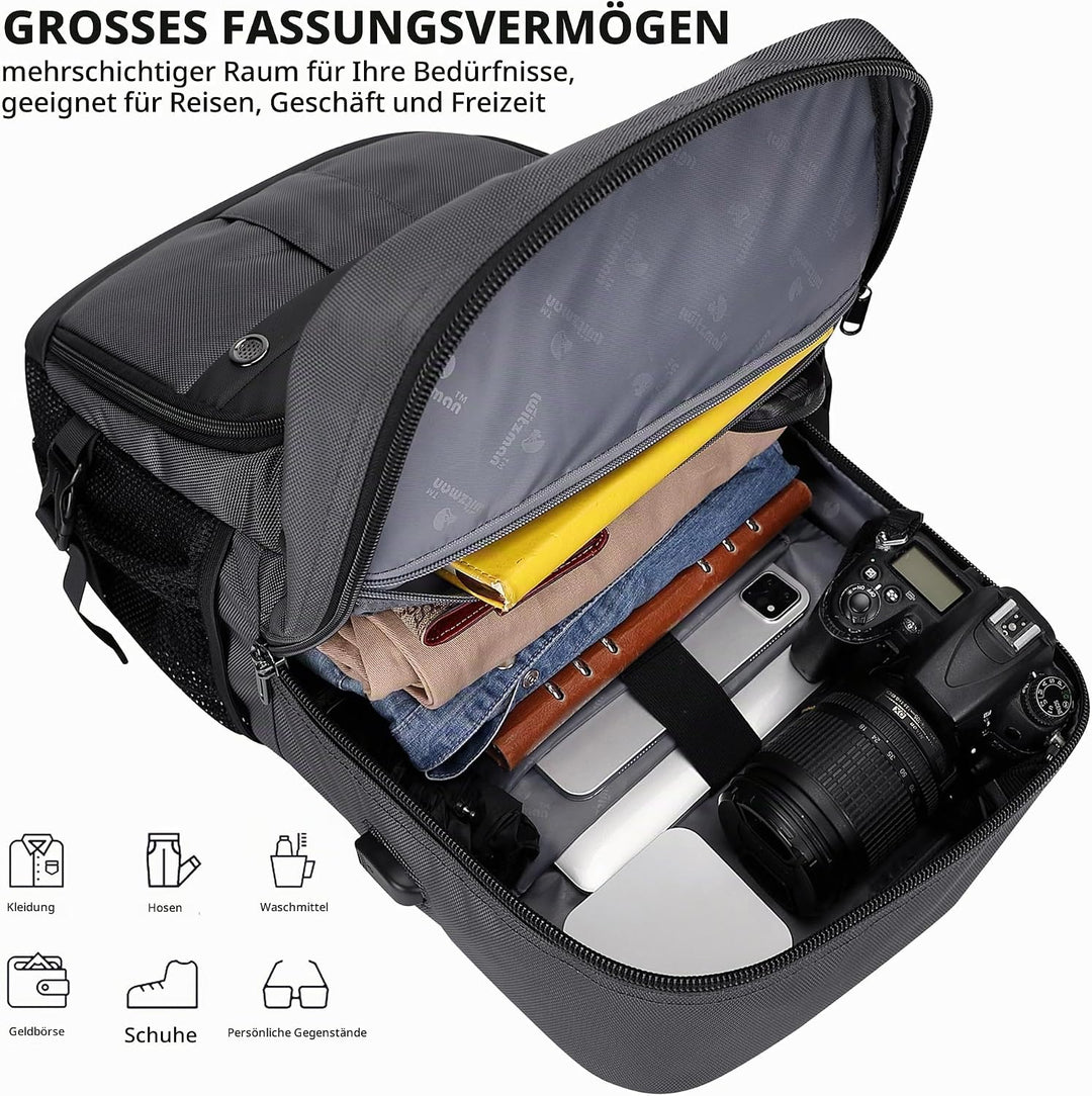 WITZMAN Reiserucksack Herren Damen Gross Laptop Rucksack 15.6-17 Zoll mit USB-Ladeanschluss Flugzeug
