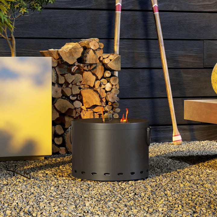 Outsunny Feuerstelle, Ø38cm Rauchfreie Holzfeuerschale mit Griff, Feuerkorb mit Schürhaken und Funke