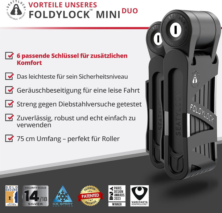 FoldyLock Mini-Klappschlösser – Set mit 2 passenden Fahrradschlössern mit 6 identischen Schlüsseln –