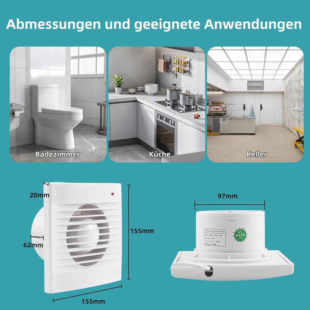 Badlüfter 100mm mit Rückschlagventil, 142m³/h Abluftventilator, Rohrventilator, für Badezimmer, Küch