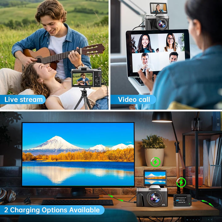 Digitalkamera, 4K 64MP Autofokus Kamera Fotokamera Mit WLAN, 3" 180° Klappbarer Bildschirm Digital K