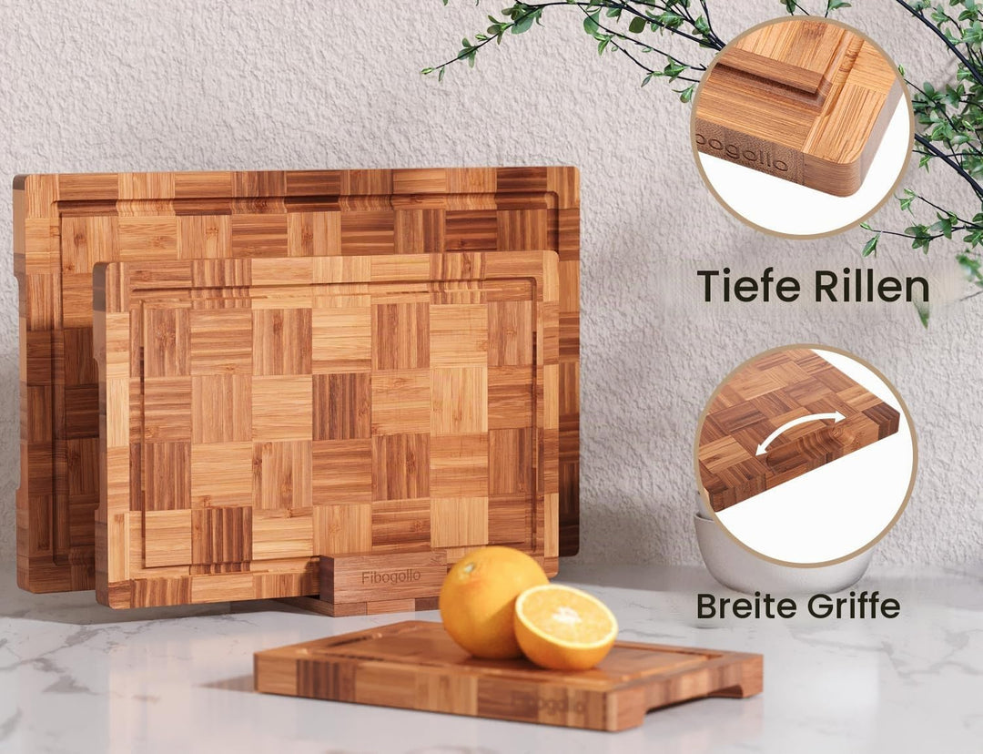 Fibogollo 3er Set Bambus Schneidebretter,2cm dicke Schneidebrett Küche mit Saftrille und Bracket,Bro